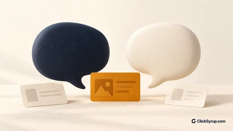 Two speech bubbles surrounding an amber advertising card.