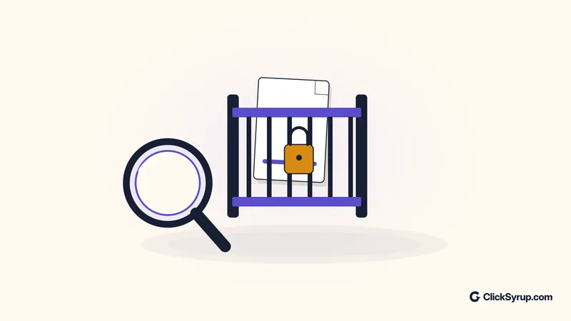 A page stands behind a closed gate while a magnifying glass remains outside.