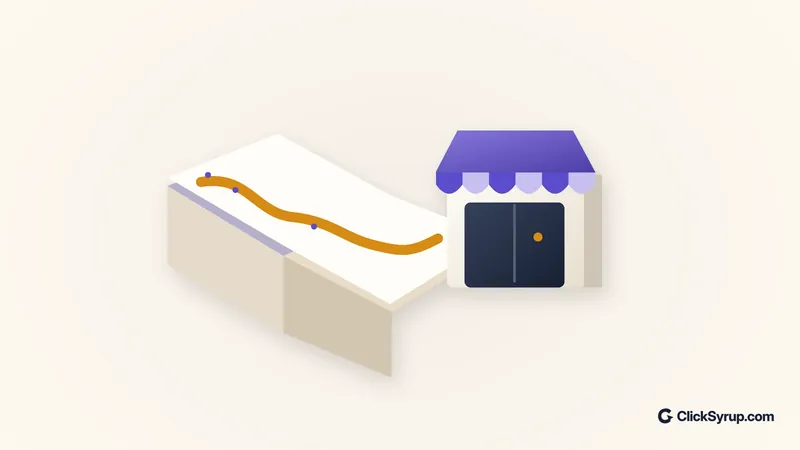 Illustration of an unfolded guide with a winding path leading to an indigo storefront.