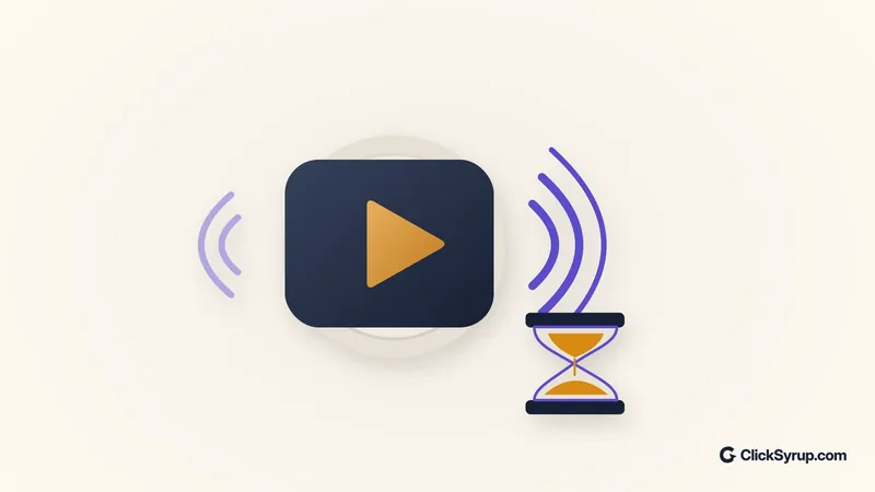 Illustration of a dark video tile, broadcast arcs and an amber hourglass.