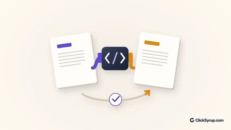 Illustration of two document tiles connected by a dark code adapter and a check loop.