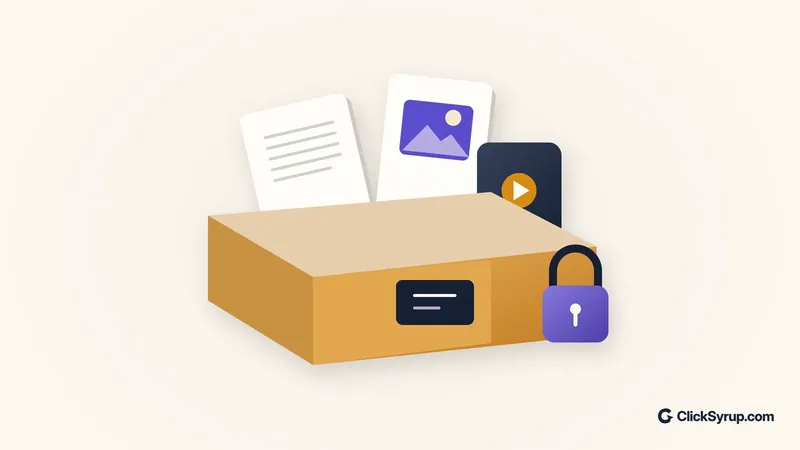 Illustration of an open archive box containing document and media tiles beside a padlock.