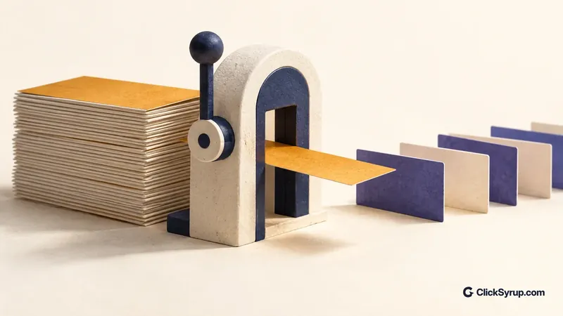 A paper card passes through a narrow ceramic gate beside an orderly stack of cards.