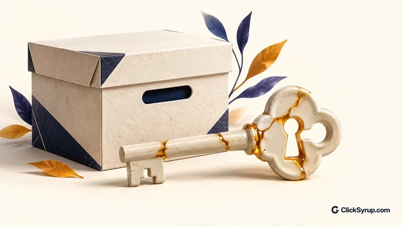 A paper archive box stands beside a ceramic restoration key with an amber repair around its keyhole.