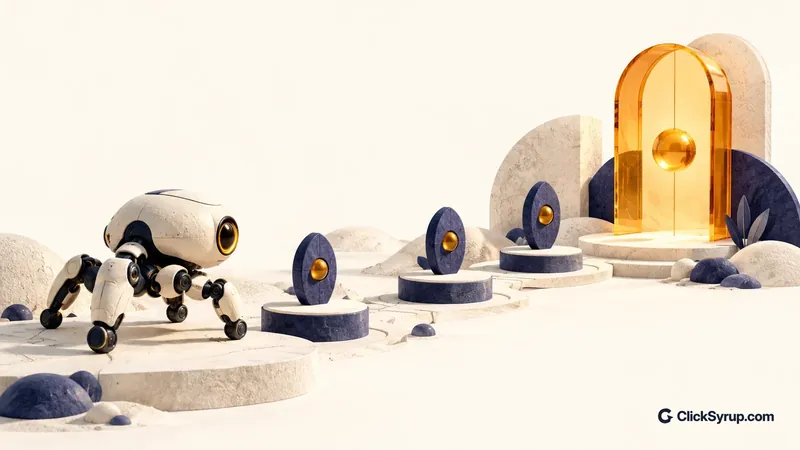 An abstract ceramic crawler approaches indigo checkpoints and an amber permission gate.
