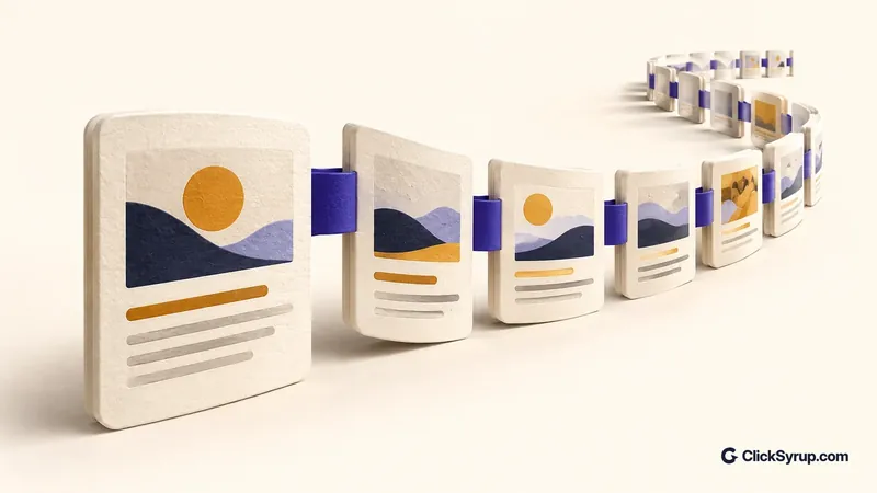 A curved sequence of separate ivory page slabs is connected by indigo tabs.