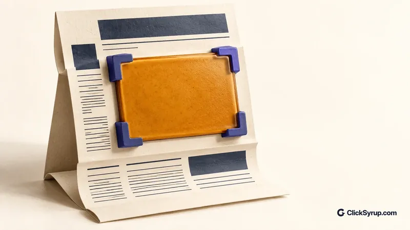 An amber rectangular insert sits inside a paper article page, held by indigo brackets.